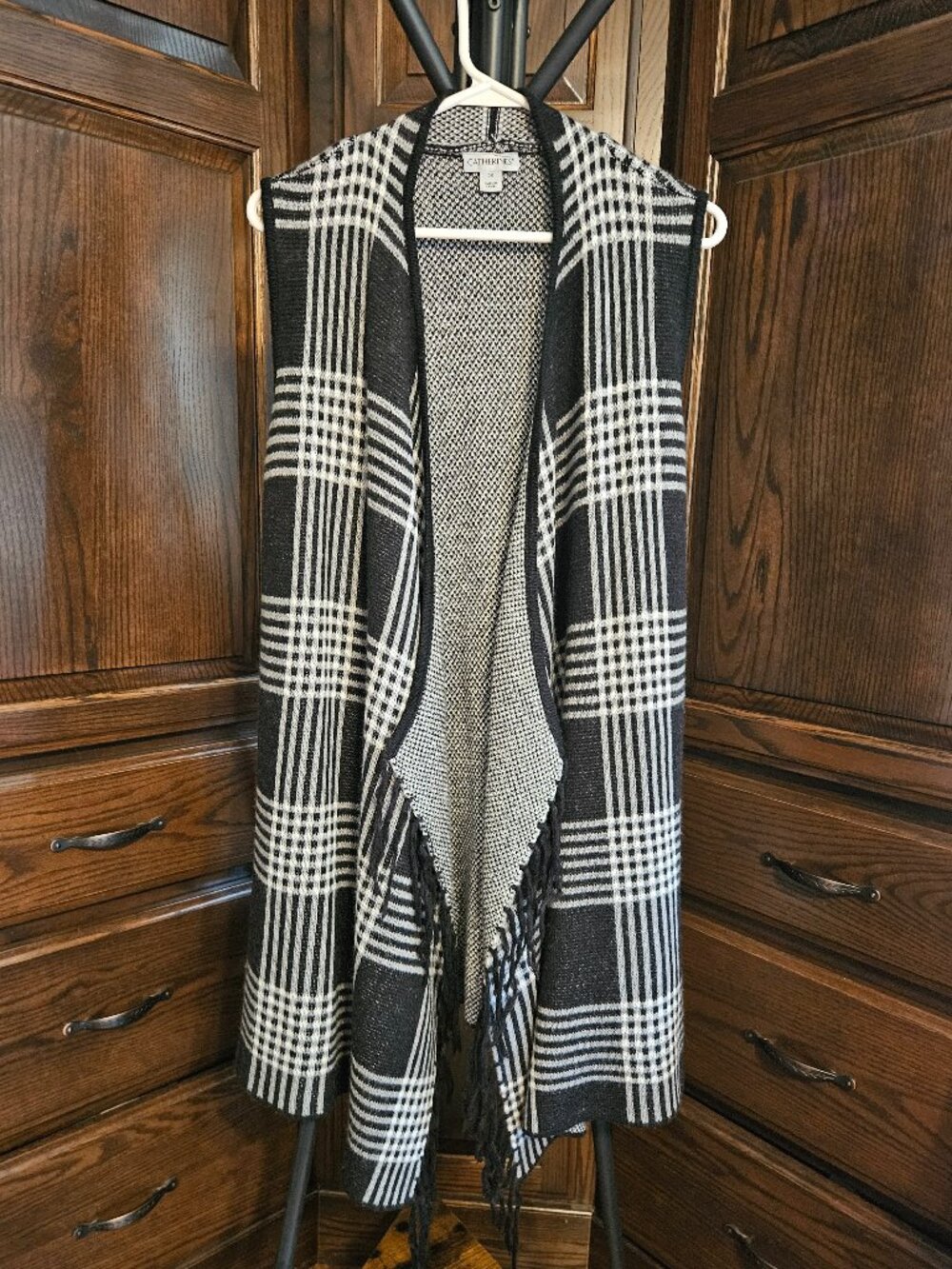 Catherines 0X Black White Plaid Fringe Waterfall Sweater Vest